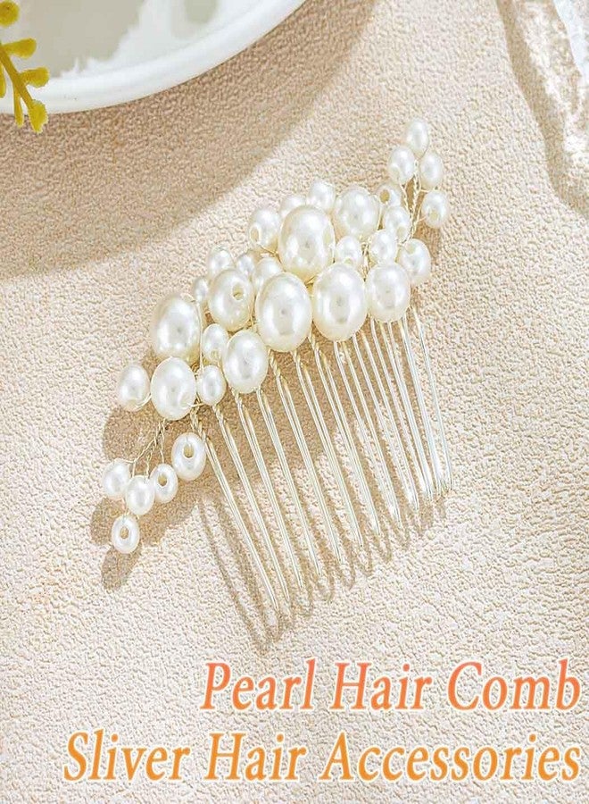 فويت مشط شعر فويت للعرائس مزين باللؤلؤ، قطعة رأس فضية من اللؤلؤ، إكسسوارات شعر من اللؤلؤ للنساء والعرائس - Image 3